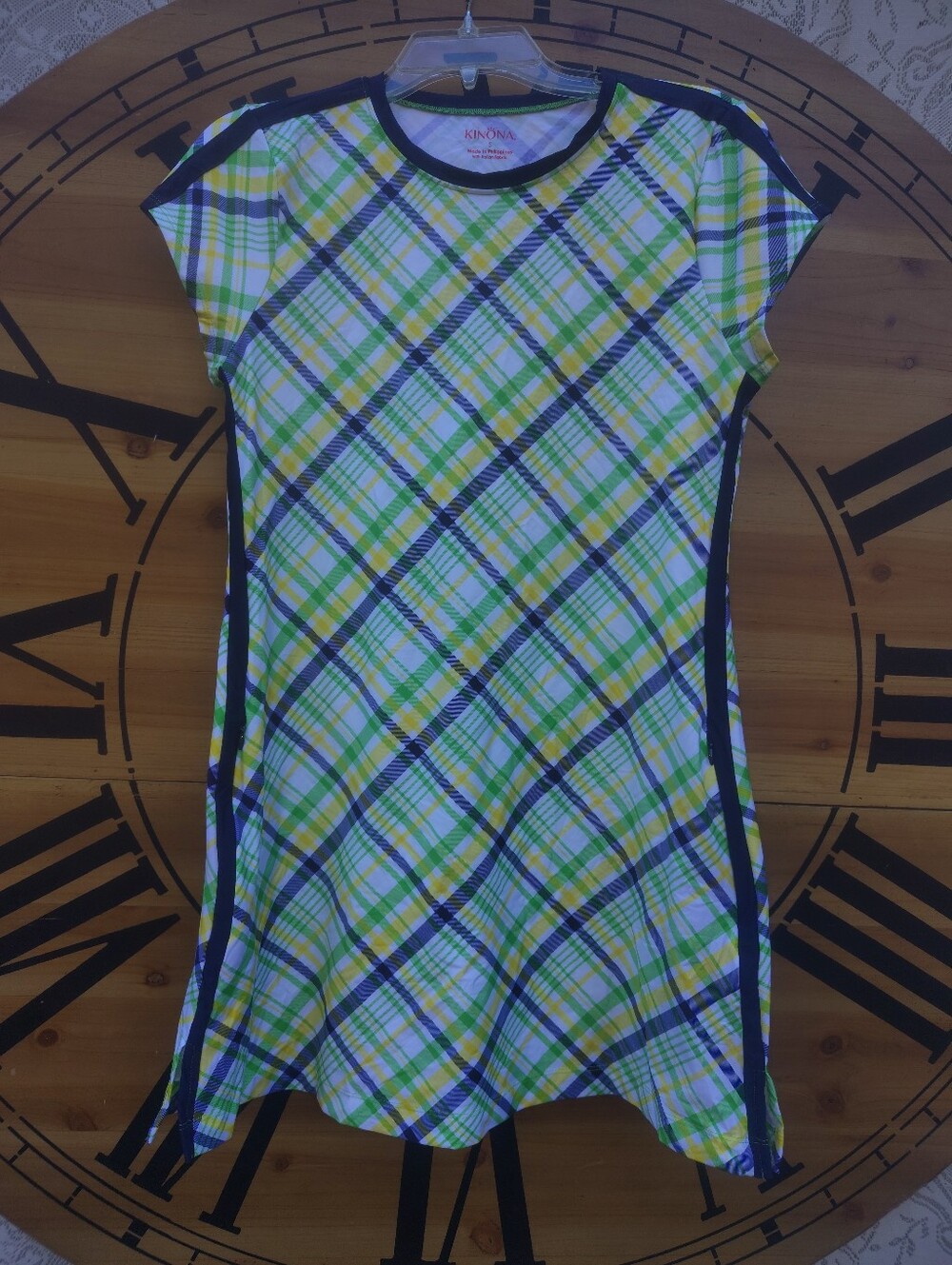 Kinona Yellow and Green Plaid Short Sleeve Mini Dress